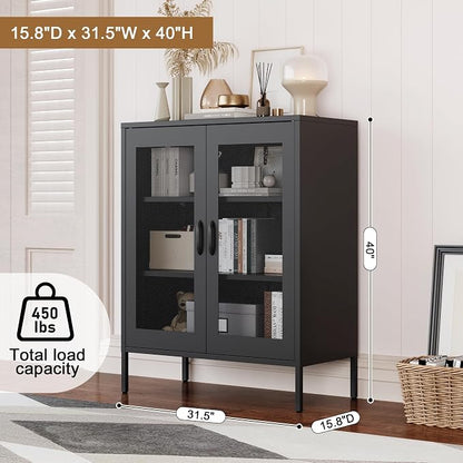 Chshin Black Metal Storage Cabinet,Metal Locker Storage Cabinet with 2 Mesh Doors and Adjustable Shelves,Kitchen Pantry Cabinets for Home,Sideboard,Living Room,Office(40" H)