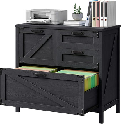 Vabches Wood Lateral File Cabinet with 4-Drawer for Hanging Files Letter/A4/Legal Size, Large Farmhouse Filing Cabinets for Home Office, Printer Stand with Office Cabinet, Office Furniture, Black