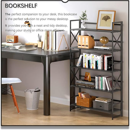 4NM Extra Wide 5 Tiers No Assembly Book Shelves, 51.2" H Folding Bookshelf Bookcase Open Industrial Foldable Shelves for Bedroom, Living Room, Home Office - All Black