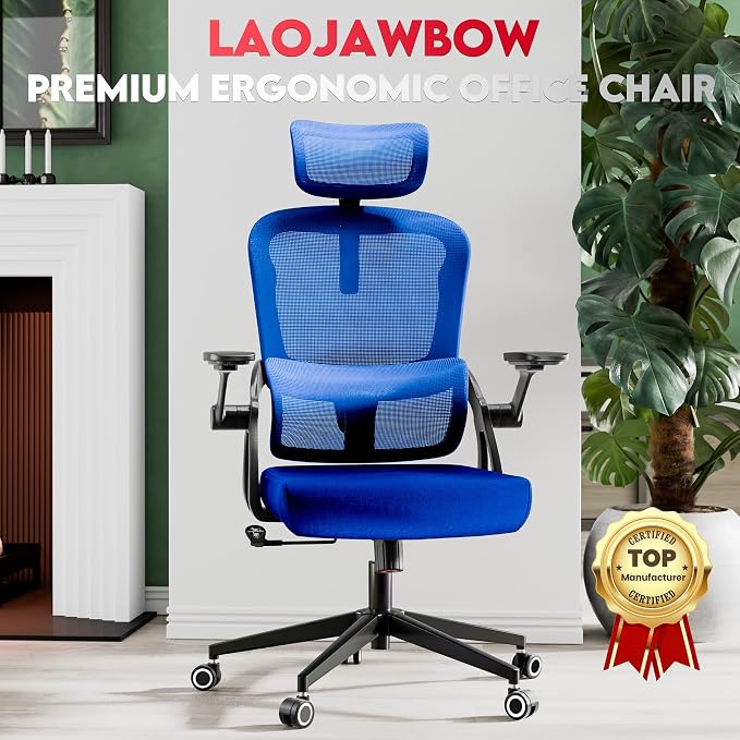 Ergonomic Office Chair - 400LB Comfy Desk Chairs with Adjustable Headrest and Lumbar Back Support, Mesh Computer Chairs with Wheels and Arms for Home Office, Study (218Blue-With Headrest)