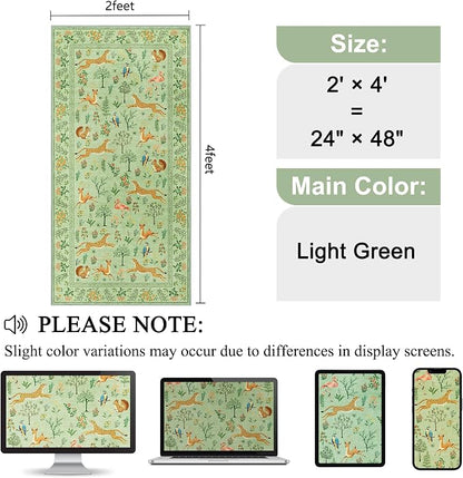 DUKINO 2x4 Rug for Hallway, Washable Kitchen Runner Rug with Non Slip Backing, Soft Low Pile Vintage Animal Runner for Bedroom, Kitchen, Hallway, Entryway, Laundry, Light Green