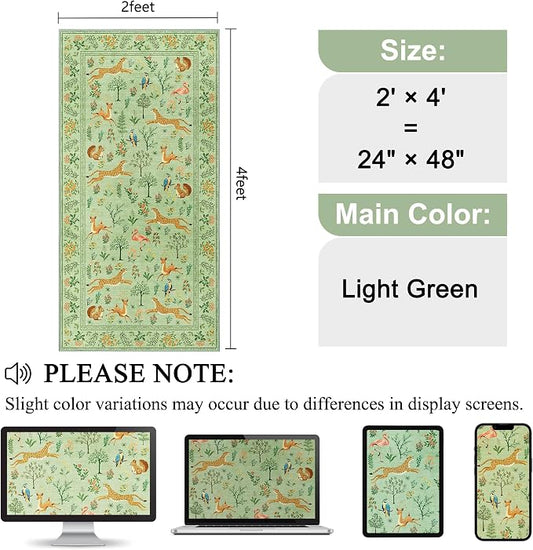 DUKINO 2x4 Rug for Hallway, Washable Kitchen Runner Rug with Non Slip Backing, Soft Low Pile Vintage Animal Runner for Bedroom, Kitchen, Hallway, Entryway, Laundry, Light Green