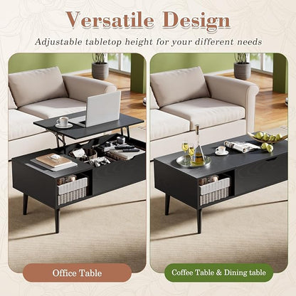 OLIXIS Wood Lift Top Coffee Table with Hidden Compartment and Large Storage Shelf, Lift Tabletop Dining Center Table for Home Living Room Office, Black