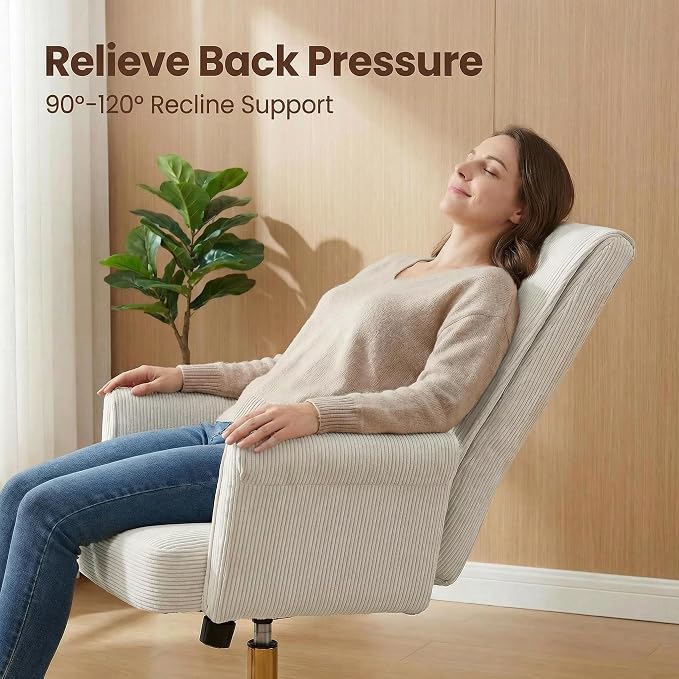 Striped Velvet Office Chair, 360° Swivel Ergonomic Task Chair with High Back, Gold Base and Wheels, Height Adjustable Modern Accent Chair for Home Office, Living Room, Study, Vanity Room (Cream)