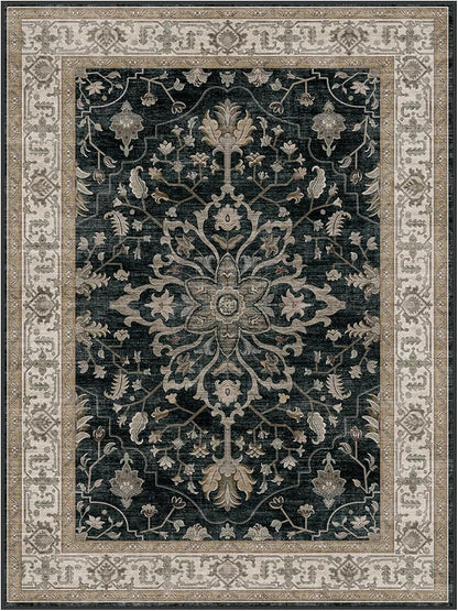 RELEANY Area Rugs Runner 2'x5' Washable Non-Slip, Floral Vintage Distress Medallion Carpet for Kitchen Hallway Bedroom Beside Laundry Room Bathroom, Vintage Black Brown Neutral