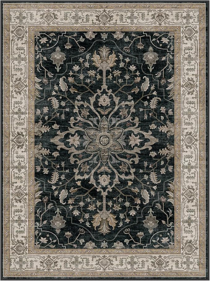 RELEANY Area Rugs Square 6ft Washable Non-Slip, Floral Vintage Distress Medallion Carpet for Living Room Bedroom Dining Room, Vintage Black Brown Neutral