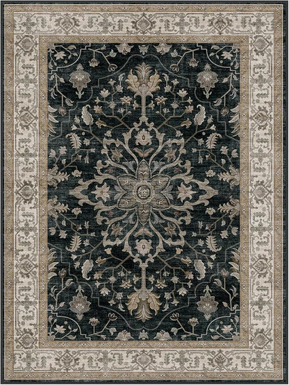 RELEANY Area Rugs 4'x5' Washable Non-Slip, Floral Vintage Distress Medallion Carpet for Living Room Bedroom Dining Room, Vintage Black Brown Neutral