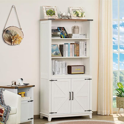 Joaxswe 5 Tier Bookshelf 70in Tall Bookcase with Barn Doors and Storage Cabinet, White Farmhouse Book Shelf with Adjustable Shelves, Wood Freestanding Display Bookshelves for Bedroom, Kitchen (2PCS)