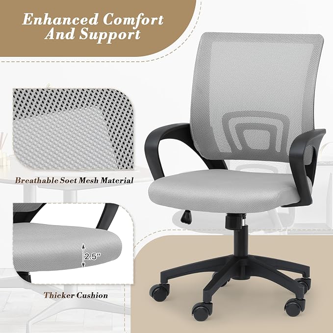 Office Chair Ergonomic - Mesh Desk Chair with Lumbar Support & Wide Seat (300Lbs Capacity) Adjustable Height, Swivel Wheels - for Home Office, Gaming, Bedroom