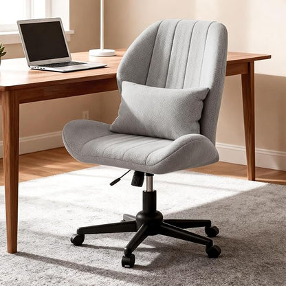 ZZW Criss Cross Chair with Wheels, Wide Cross Legged Office Chair Armless Comfy Desk Chair with Tall Back Vanity Chairs with Stress Relief Curved Design Seat for Bedroom & Office & Home Light Gray