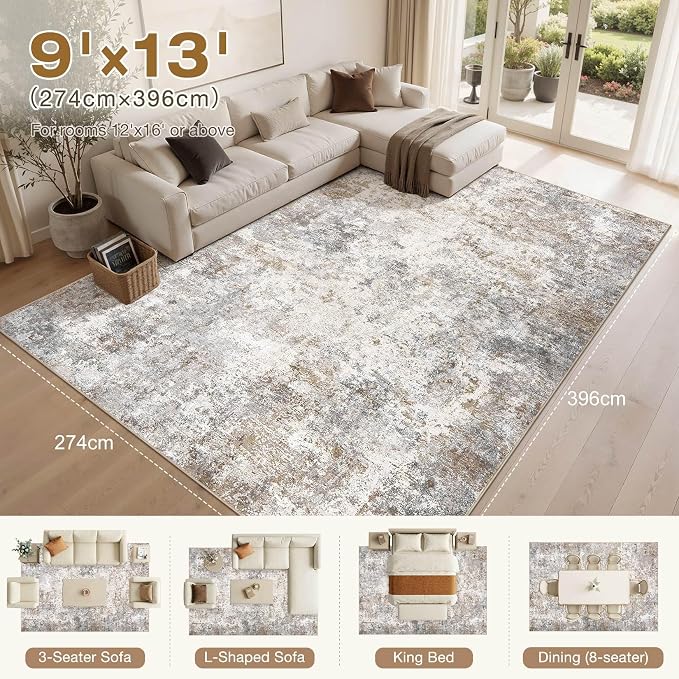 UERMEI 9x13 Area Rug Living Room Rugs Thickened - Washable Neutral Modern Abstract Soft Rug Indoor Floor No Slip Rug Carpet for Bedroom Under Dining Table Home Office Decor - Brown Grey