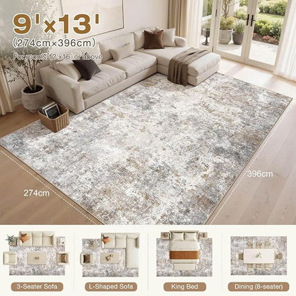 UERMEI 9x13 Area Rug Living Room Rugs Thickened - Washable Neutral Modern Abstract Soft Rug Indoor Floor No Slip Rug Carpet for Bedroom Under Dining Table Home Office Decor - Brown Grey