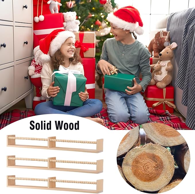 birola Nursery Book Shelves for Kids Rooms - 32 Inches Wall Book Shelves Set of 3, Space-Saving Nursery Shelves with Beads Design for Kids Room, Bedroom and Study Room(Natural)