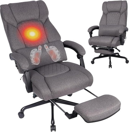 3D Kneading Massage Office Chair with Heat, 500 lbs Big and Tall Executive Computer Desk Recliner, Leather Electric Heated Office Chairs with Massage & Footrest, Gery