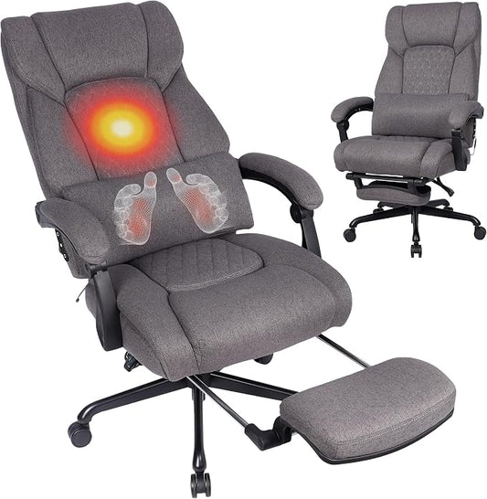 3D Kneading Massage Office Chair with Heat, 500 lbs Big and Tall Executive Computer Desk Recliner, Leather Electric Heated Office Chairs with Massage & Footrest, Gery