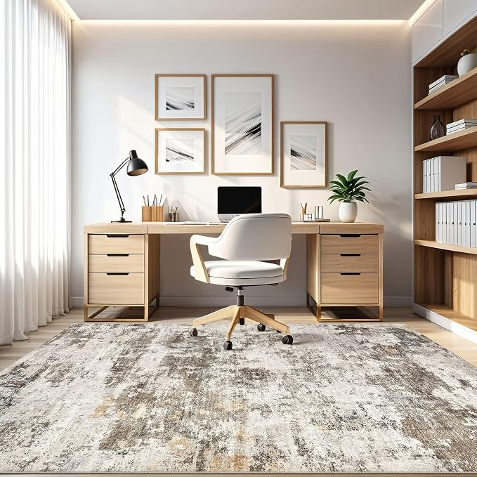 6x9 Area Rug Living Room: Washable Large Abstract Neutral Modern Soft Rugs Stain Resistant Indoor Floor Non-Slip Accent Carpet for Bedroom Nursery Playroom Dining Room Office Dorm Home- Brown Yellow