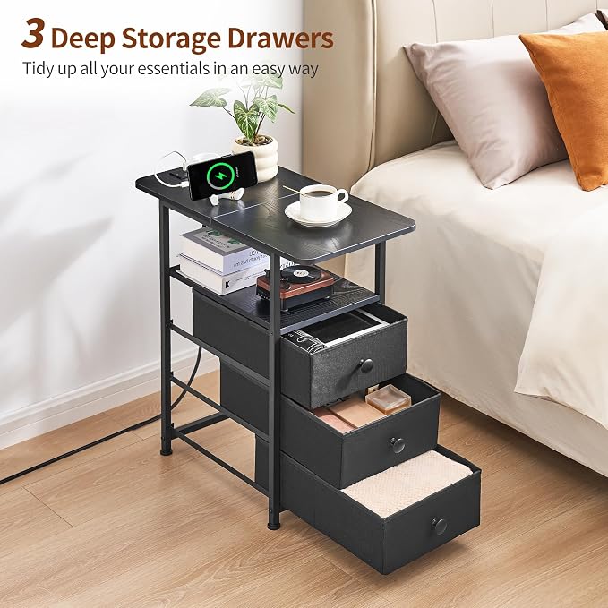 DALEMHOME Narrow End Table with Charging Station, Narrow Side Table with 3 Fabric Drawers, Slim Nightstand with LED Light, Small Bedside Table with Storage, Living Room, Bedroom, Black HKET1303BK