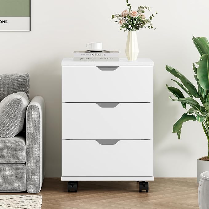 Farini 3-Drawer Under Desk Wooden File Storage Cabinet with Lockable Caster for Home Office,White,Fully Assembly