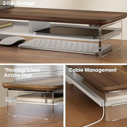 Fenge Acrylic Monitor Stand Riser, 42.5 Inches Dual Monitor Stand with Metal Storage, 2 Tier Acrylic Computer Riser for Desk, Clear Laptop Stand for PC, Laptop, Printer, TV, Brown