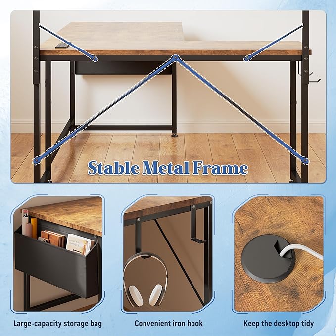 DurayLoly 53'' L Shaped Desk Gaming Desk with LED Light & 5 Power Outlet, Reversible Computer Desk with Shelves & Storage Bag & Hook for Home Office, Rustic Brown