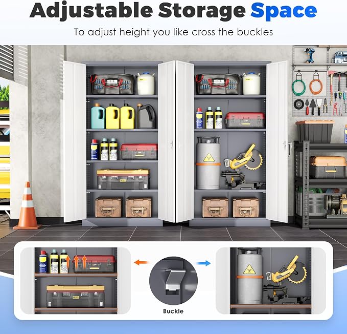 INTERGREAT Metal Garage Storage Cabinet with Lock, 72" Storage Cabinet with Locking Doors and 4 Adjustable Shelves, Lockable Steel Tool Cabinet for Home Office, School, Double Grey