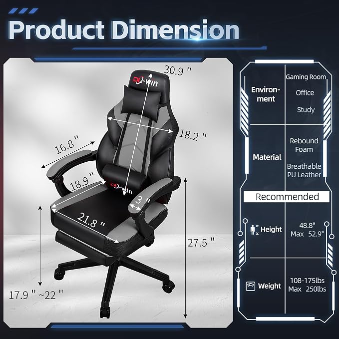 DL-win Gaming Chairs for Adults, Computer Chair with Footrest and High Back, Big and Tall Gamer Chair's with Massage Lumbar Support, 360° Swivel Height Adjustable Gaming Chair, Grey