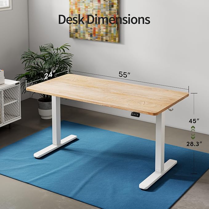 FAMISKY Height Adjustable Standing Desk, 55x 24 Inch Electric Stand up Home Office Table, Sit Stand Desk Computer Workstation with Splice Board, White Frame & Greige Desktop