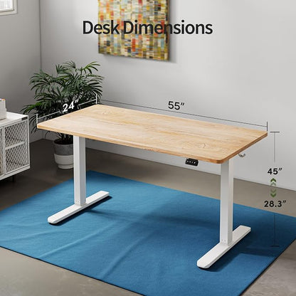FAMISKY Height Adjustable Standing Desk, 55x 24 Inch Electric Stand up Home Office Table, Sit Stand Desk Computer Workstation with Splice Board, White Frame & Greige Desktop