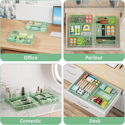 Marbrasse 2 Pack Desk Drawer Organizer, Mesh Drawer Organizer Tray with 8 Adjustable Compartments, Desk Organizers and Accessories, 5 Dividers Drawer for Office Supplies, Makeup & Vanity (Green)