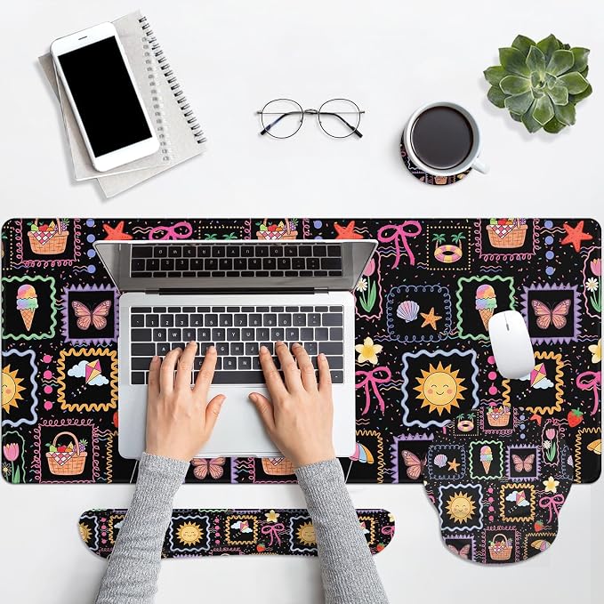Britimes Cute Sun Bow Keyboard Mouse Pad Set Black Colorful Doodle 4in1 Large Mousepad+Keyboard Wrist Rest+Mouse Wrist Rest+Coaster Ergonomic Design for Home Office Computer 35.4x15.7 inches