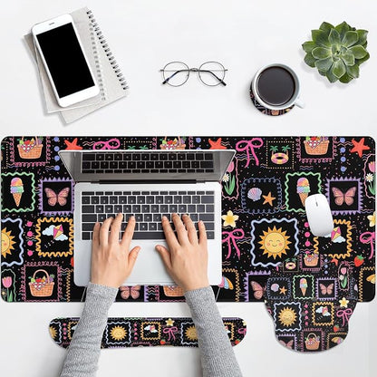 Britimes Cute Sun Bow Keyboard Mouse Pad Set Black Colorful Doodle 4in1 Large Mousepad+Keyboard Wrist Rest+Mouse Wrist Rest+Coaster Ergonomic Design for Home Office Computer 35.4x15.7 inches