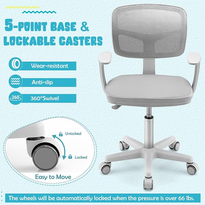 Kids Desk Chair, Height Adjustable Children Study Chair w/Lumbar Support, Swivel Mesh Seat, Universal Casters, Ergonomic Kids Task Chair for Boys Girls Aged 3-10, Home, School, Office(Grey)