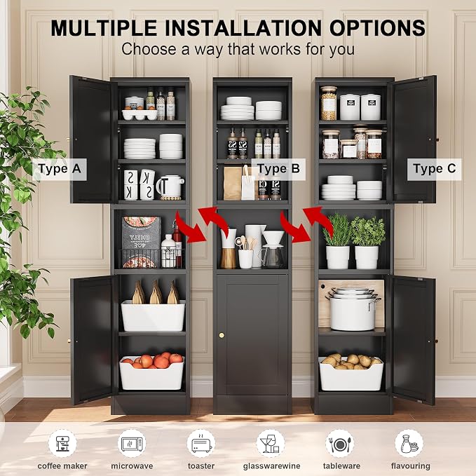 Tall Bathroom Storage Cabinet, Metal Narrow Cabinet with Ajustable Shelves Open Countertop, Slim Pantry Cabinets for Small Spaces, Living Room, Kicthen, Dining Room