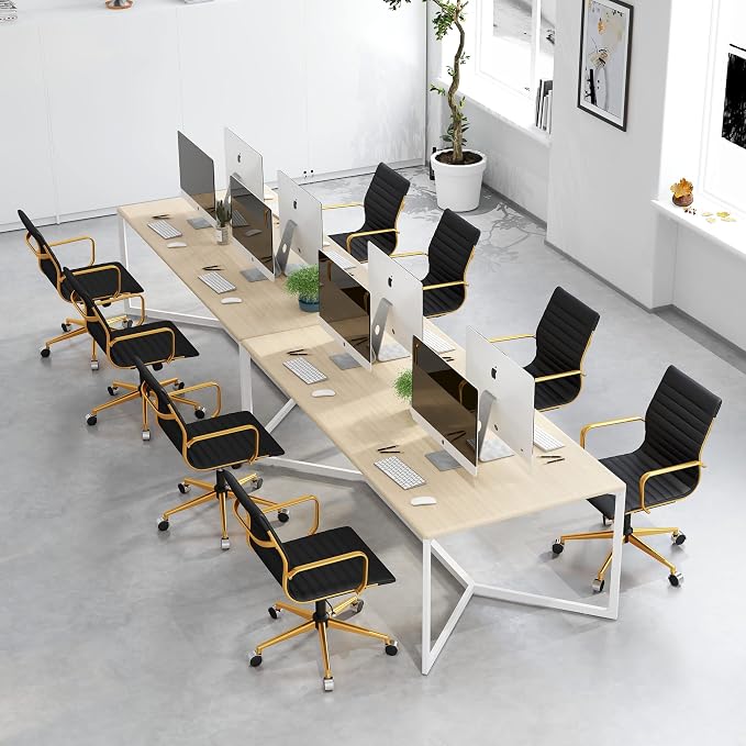 Black and Gold Office Chair with Arms, Faux Leather Ribbed Back, Adjustable Swivel Executive Chair for Home Office and Meeting Room