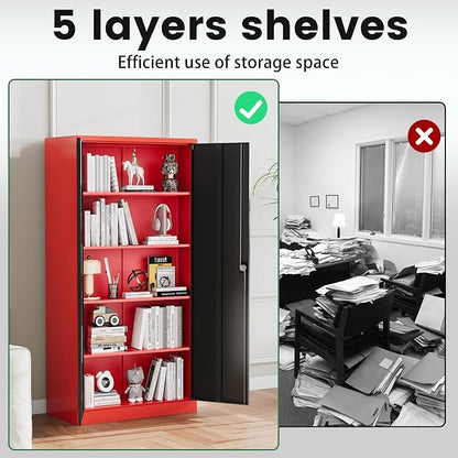 Letaya Metal Storage Cabinets with Lock, 71" Tall Locker Organizer Steel Cabinets, Adjustable Shelves 2 Doors for Home, Office, Warehouse,Garage,Industrial,Employee Lockers (Style B, Black Red)