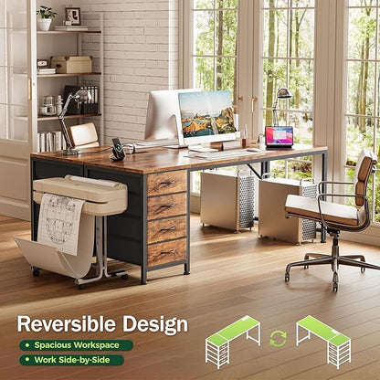 PRAISUN 63 Inch Computer Office Desk with Power Outelts and USB-C Port, Reversible Gaming Desk with 4 Fabric Drawers, Work Study Desk Work from Home, Rustic Brown