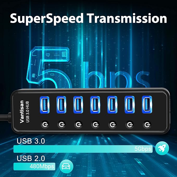 vantisan USB Hub 3.0 Powered, 7 Ports USB Data Hub Splitter with One Smart Charging Port and 5V/4A Powered Adapter and ON/Off Switches for MacBook, Mac Pro/Mini, iMac, Surface Pro Laptop/PC