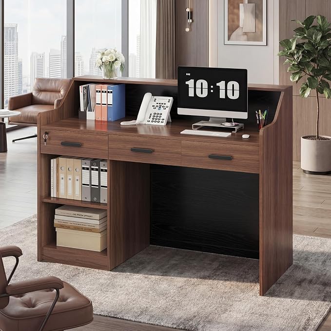 Reception Desk with Counter, Front Desk with 3 Drawers and Storage Cabinet, 47 inch Modern Retail Counter with Cable Grommet for Checkout, Barber, Beauty Salon, Home Office
