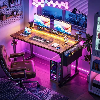 DurayLoly 48 Inch Computer Desk with Waterproof LED Lights,Study Desk for Teens & Home Office,Headphone Hook & Storage Bag Included,Sturdy Metal Frame,Small Space Friendly,Rustic Brown