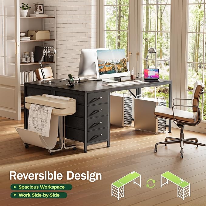 PRAISUN 55.1 Inch Computer Office Desk with Power Outelts and USB-C Port, Reversible Gaming Desk with 4 Fabric Drawers, Work Study Desk Work from Home, Black