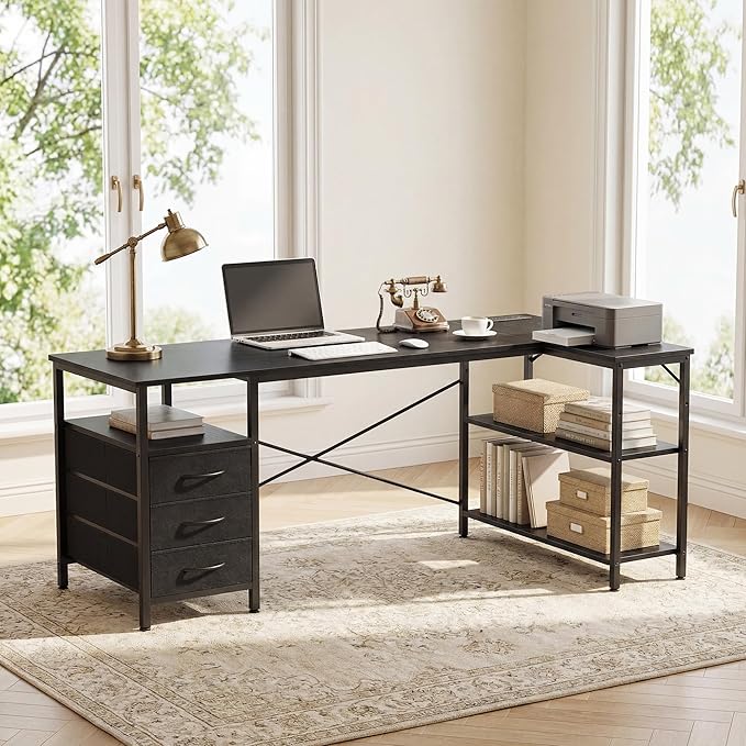 Alpen Computer Desk with Drawers, L Shaped Desk for Bedroom with Power Outlets, Gaming Table with 3 Drawers and Shelves, Corner Desk for Gaming, Study Writing PC Table, 47 Inch, Black