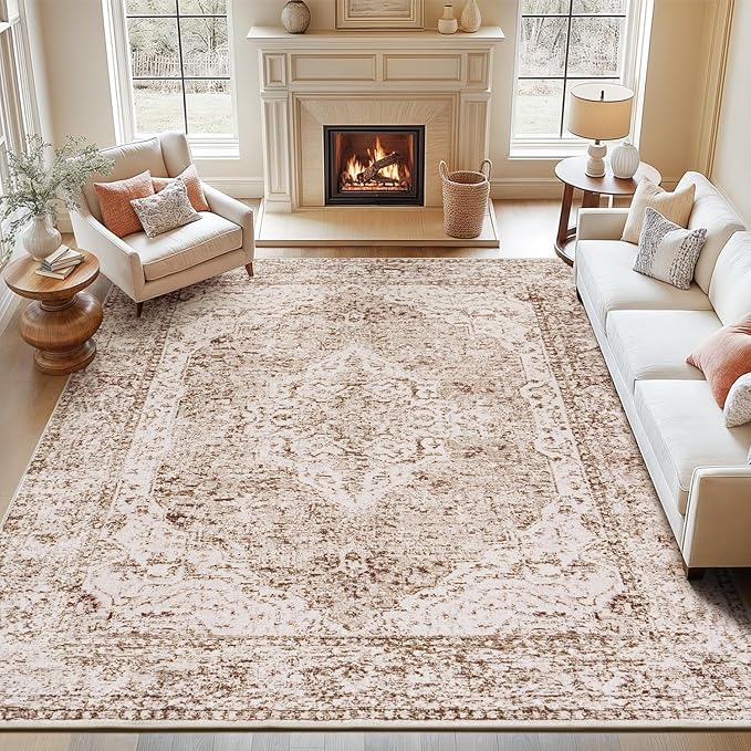 Lofus 9x12 Area Rugs for Living Room, Washable Area Rug, Big Rugs for Bedroom, Kitchen, Vintage Boho Carpet, Soft Non-Slip, Low Pile Large Area Rug for Office Dining Room, Vintage Beige Brown