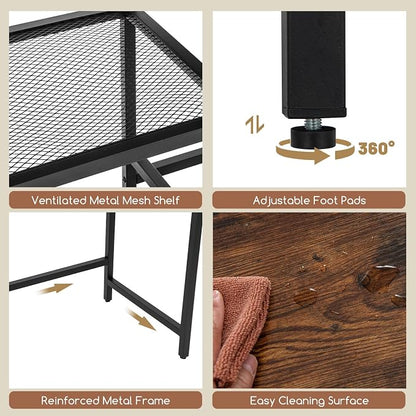 Tangkula 97" Extra Long 2-Person Computer Desk with Power Outlet, Home Office Computer Workstation with Printer Stand, Metal Mesh Shelf & CPU Stand, Double Gaming Table (Rustic Brown)