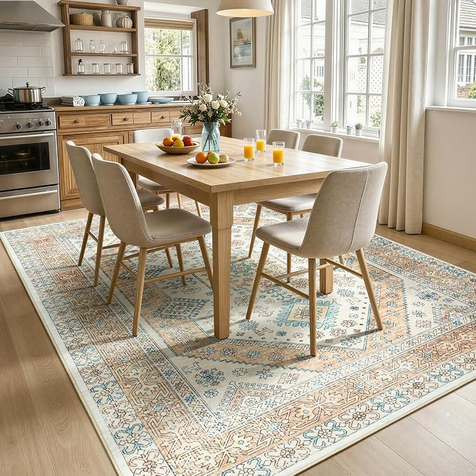 Lofus Vintage Living Room Rugs 5x7, Soft Machine Washable Area Rug for Bedroom Indoor Floor Home Office House Decor, Oriental Traditional Distressed Farmhouse Carpet, Boho Beige and Orange