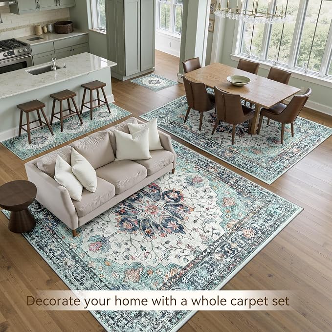 RELEANY Area Rugs Runner 2'x8' Washable Non-Slip, Floral Vintage Distress Medallion Carpet for Kitchen Hallway Bedroom Beside Laundry Room Bathroom, Green Navy Blue White Red Teal