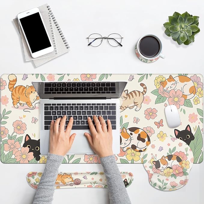 Britimes Cute Floral Cat Keyboard Mouse Pad Set Butterfly Cottagecore 4in1 Large Mousepad+Keyboard Wrist Rest+Mouse Wrist Rest+Coaster Ergonomic Design for Home Office Computer 35.4x15.7 inches