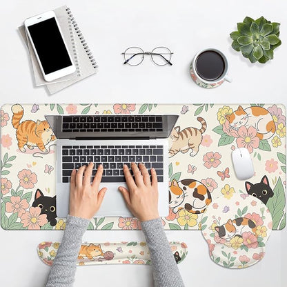 Britimes Cute Floral Cat Keyboard Mouse Pad Set Butterfly Cottagecore 4in1 Large Mousepad+Keyboard Wrist Rest+Mouse Wrist Rest+Coaster Ergonomic Design for Home Office Computer 35.4x15.7 inches