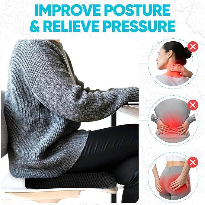 FORTEM Seat Cushion, Office Chair Cushion, Memory Foam Car Seat Cushions, Sciatica Coccyx Tailbone Pain Relief, Chair Cushions for Back Support, Sitting Pad for Gaming, Washable Cover, Non Slip