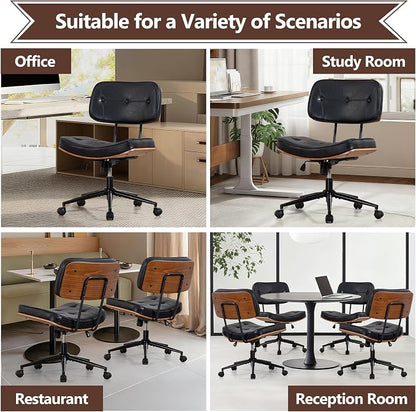 Armless Office Chair with Wheels, Adjustable Height Desk Chair Leather Swivel Computer Chair, Modern Walnut Office Side Chair for Meeting Room Office, Black