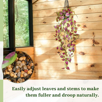Artificial Hanging Potted Plants, Small Fake Purple Potted Plant Faux Ivy Vine Plant for Shelf Home Office Indoor Outdoor Garden Greenery Decor (Black Pot)